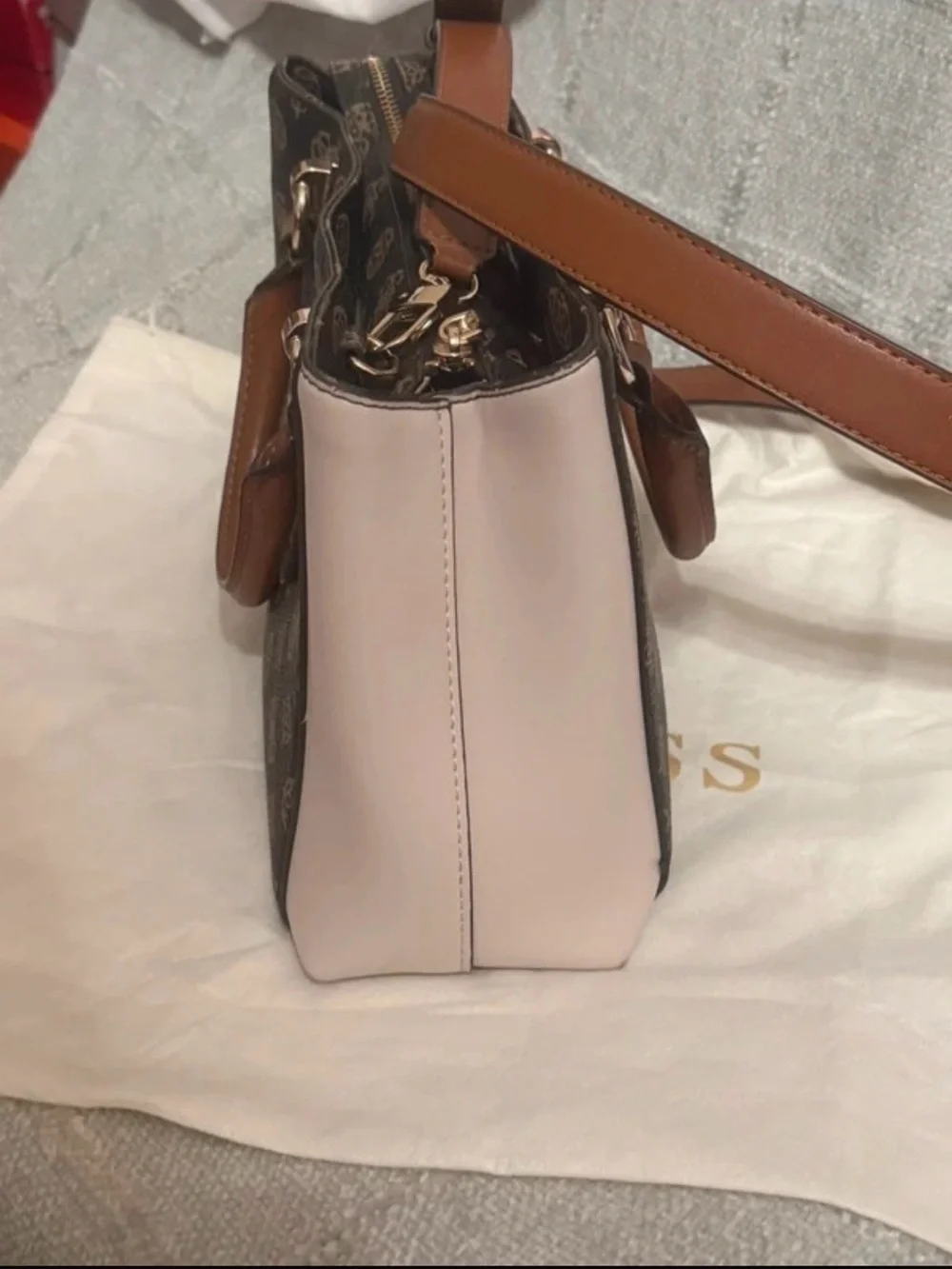 GUESS Brown Logo Monogram Satchel with Cream Panels